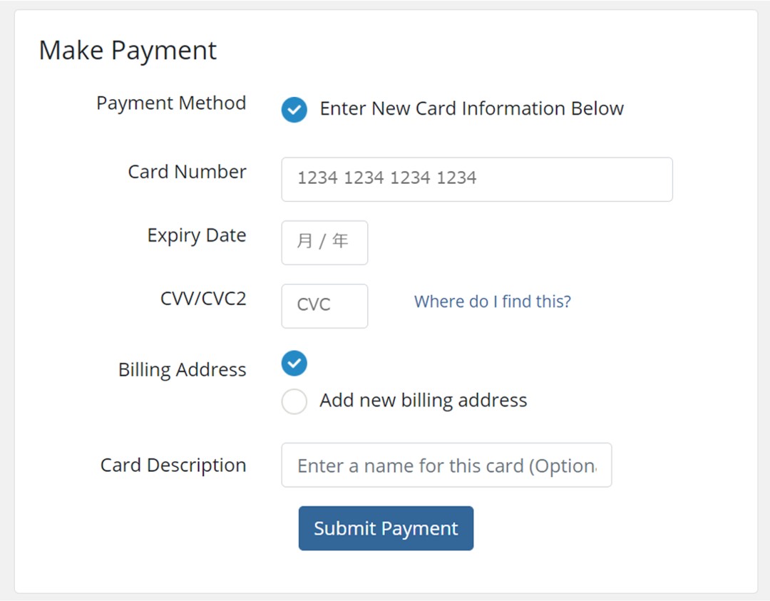 12vpnクレジットカード情報の入力画面